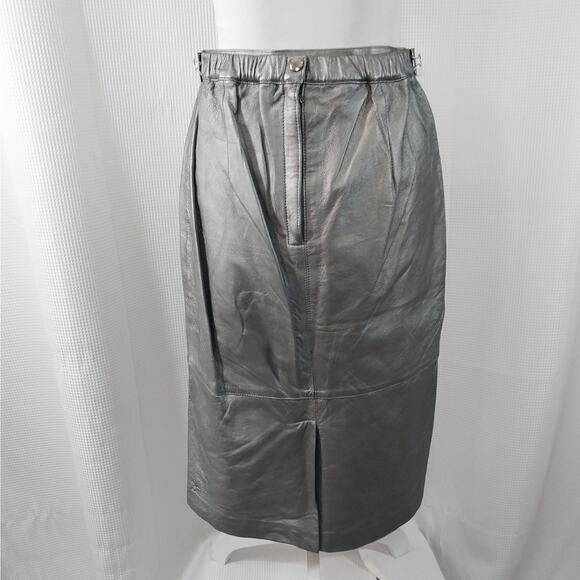 SANTA FE! MOONLIGHT SILVER GENUINE LEATHER MIDI LENGTH SLEEK SKIRT! SZ 8 - Picture 5 of 8